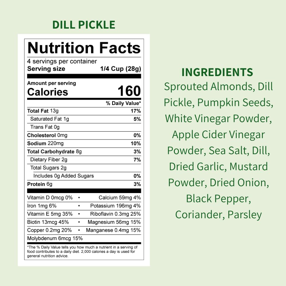 Nutrition facts label and ingredients list for dill pickle on a light green background