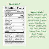 Nutrition facts label and ingredients list for dill pickle on a light green background