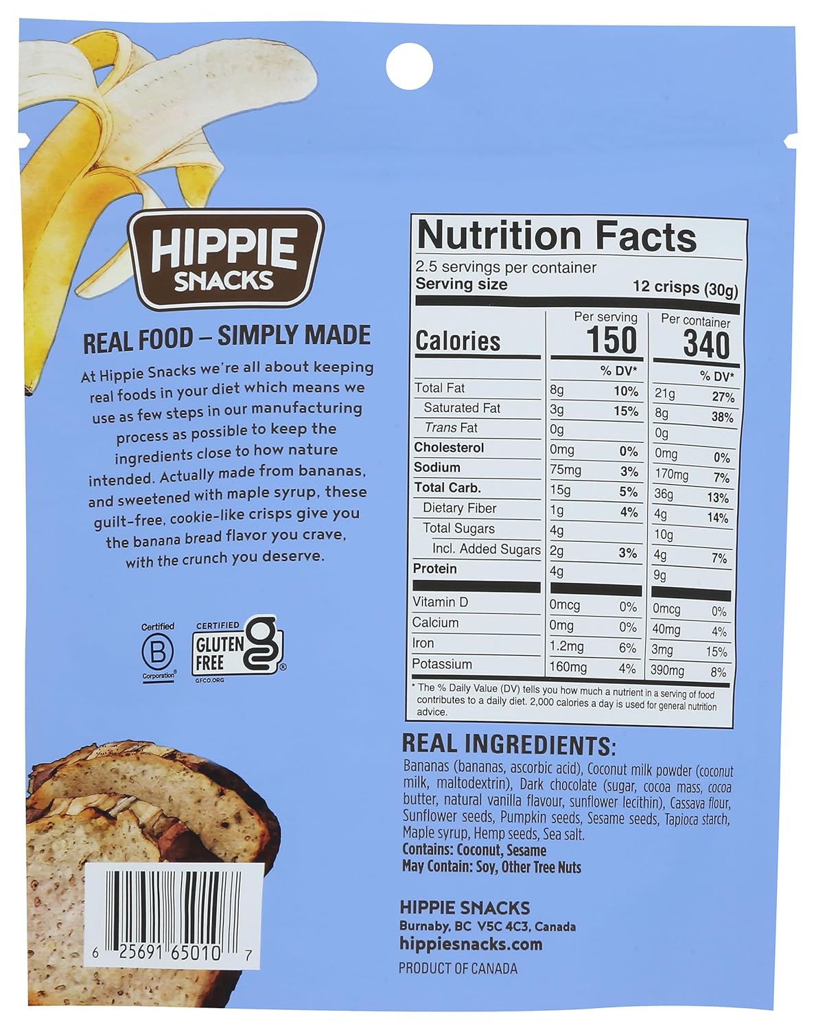 Nutrition facts label and ingredients list on a blue background for Hippie Snacks product.