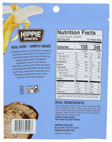 Nutrition facts label and ingredients list on a blue background for Hippie Snacks product.