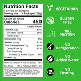Nutrition facts label and vegetarian, gluten-free, protein, no refrigeration, no added water, and no heating icons on a green background.