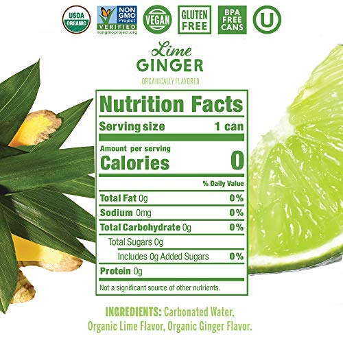 Nutrition facts label for Can of Nixie Lime Ginger Sparkling Water lime ginger flavored drink with lime and ginger ingredients.