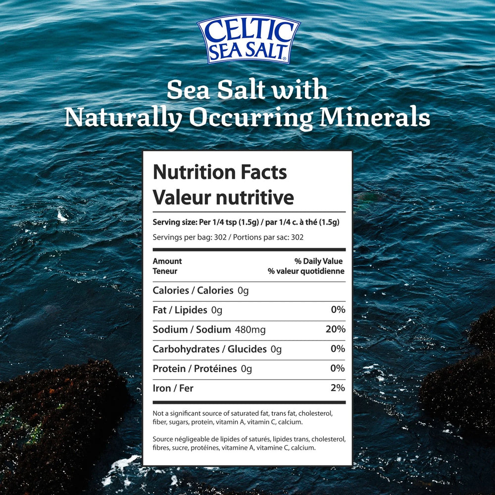 Nutrition facts label for Celtic Sea Salt with ocean background