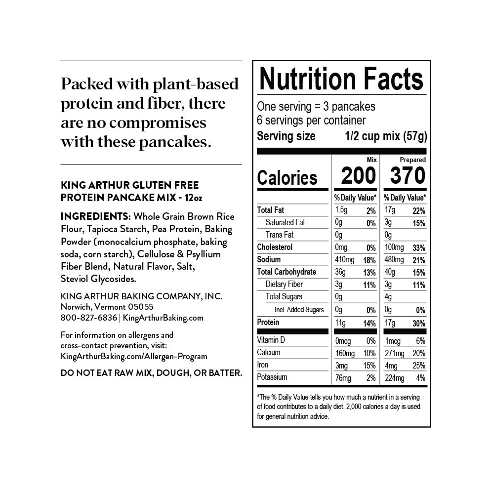 Nutrition facts label for King Arthur Gluten Free Protein Pancake Mix on a white background
