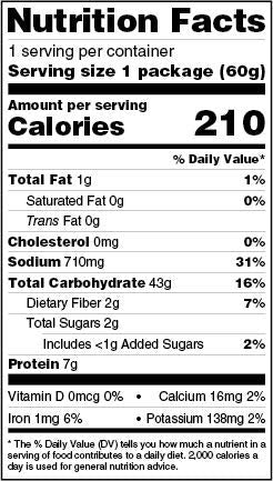 Nutrition facts label for Koyo Asian Vegetable Ramen package  with serving size, calories, and nutritional content details.