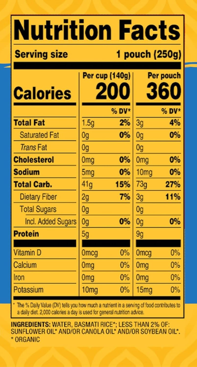 Nutrition facts label for Tasty Bite Organic Basmati Rice with yellow background