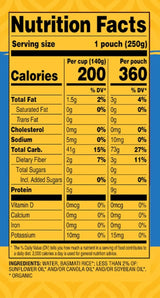 Nutrition facts label for Tasty Bite Organic Basmati Rice with yellow background