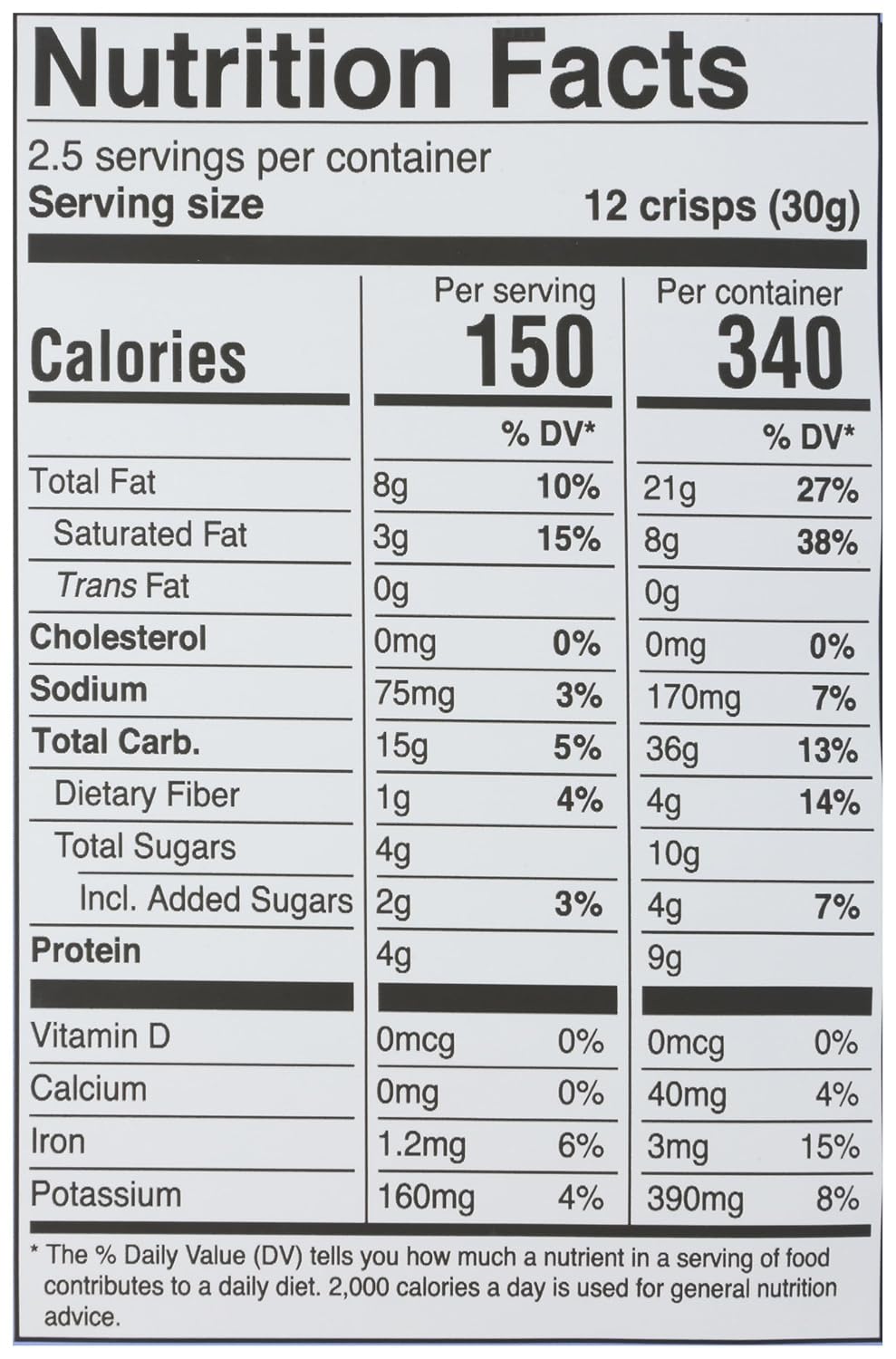 Nutrition facts label for a hippie banana snack with serving size and calories information.