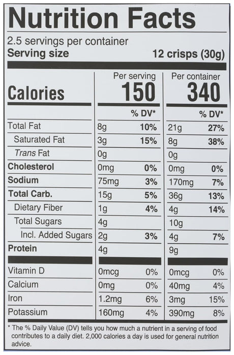 Nutrition facts label for a hippie banana snack with serving size and calories information.