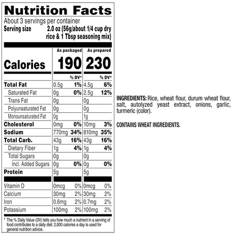 Nutrition facts label for a near east pilaf product with serving size, calories, and ingredient list.