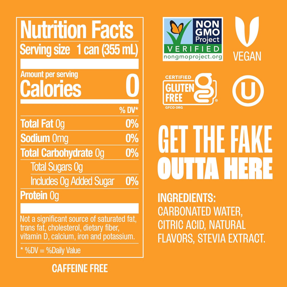 Nutrition facts label for a product with certification logos and text on an orange background