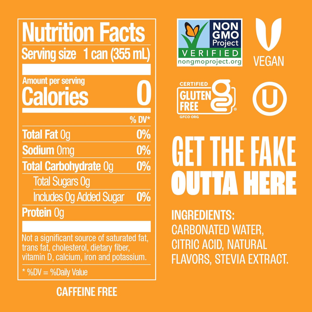 Nutrition facts label for a product with certification logos and text on an orange background