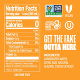 Nutrition facts label for a product with certification logos and text on an orange background