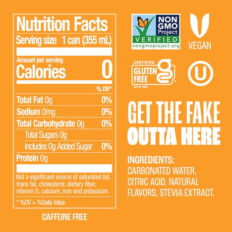 Nutrition facts label for a product with certification logos and text on an orange background