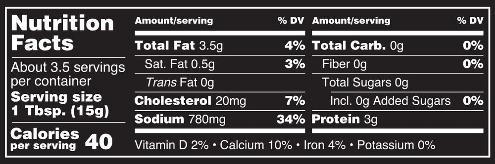 Nutrition facts label for  anchovy paste with black background and white text