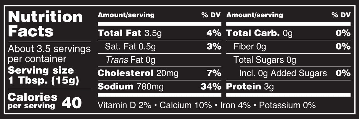 Nutrition facts label for  anchovy paste with black background and white text