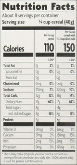 Nutrition facts label for cereal with serving size and calorie information.