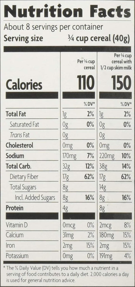 Nutrition facts label for cereal with serving size and calorie information.