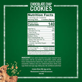 Nutrition facts label for chocolate chip cookies on a green background