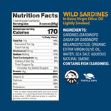 Nutrition facts label and ingredient list for wild sardines on a blue background