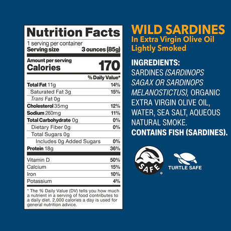 Nutrition facts label and ingredient list for wild sardines on a blue background
