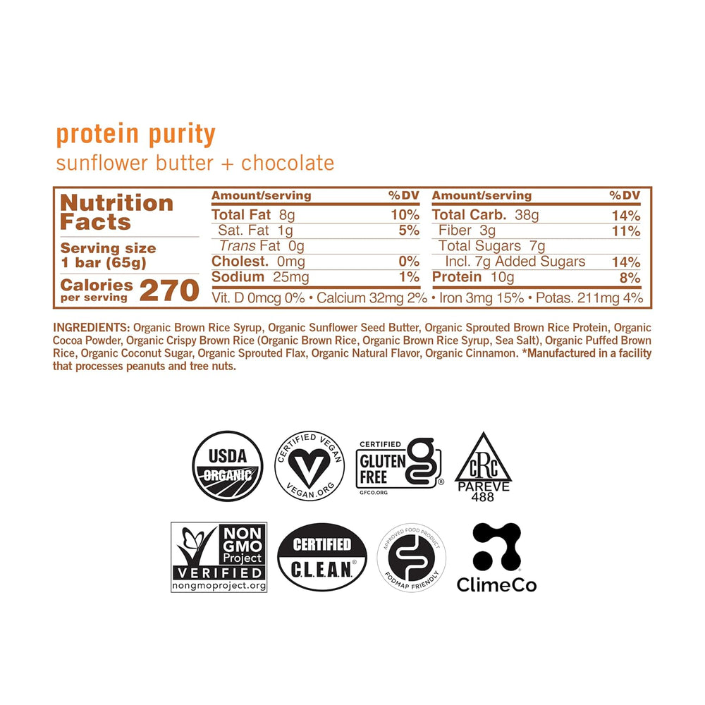 Nutrition label and ingredient list for a protein bar with various certification logos below.
