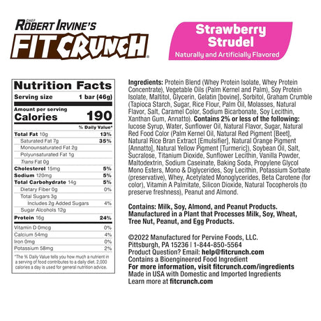 Nutrition label for Robert Irvine's Fit Crunch Strawberry Strudel flavor on a white background.
