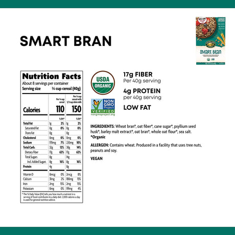 Nutrition label for Smart Bran cereal with product image on a white background
