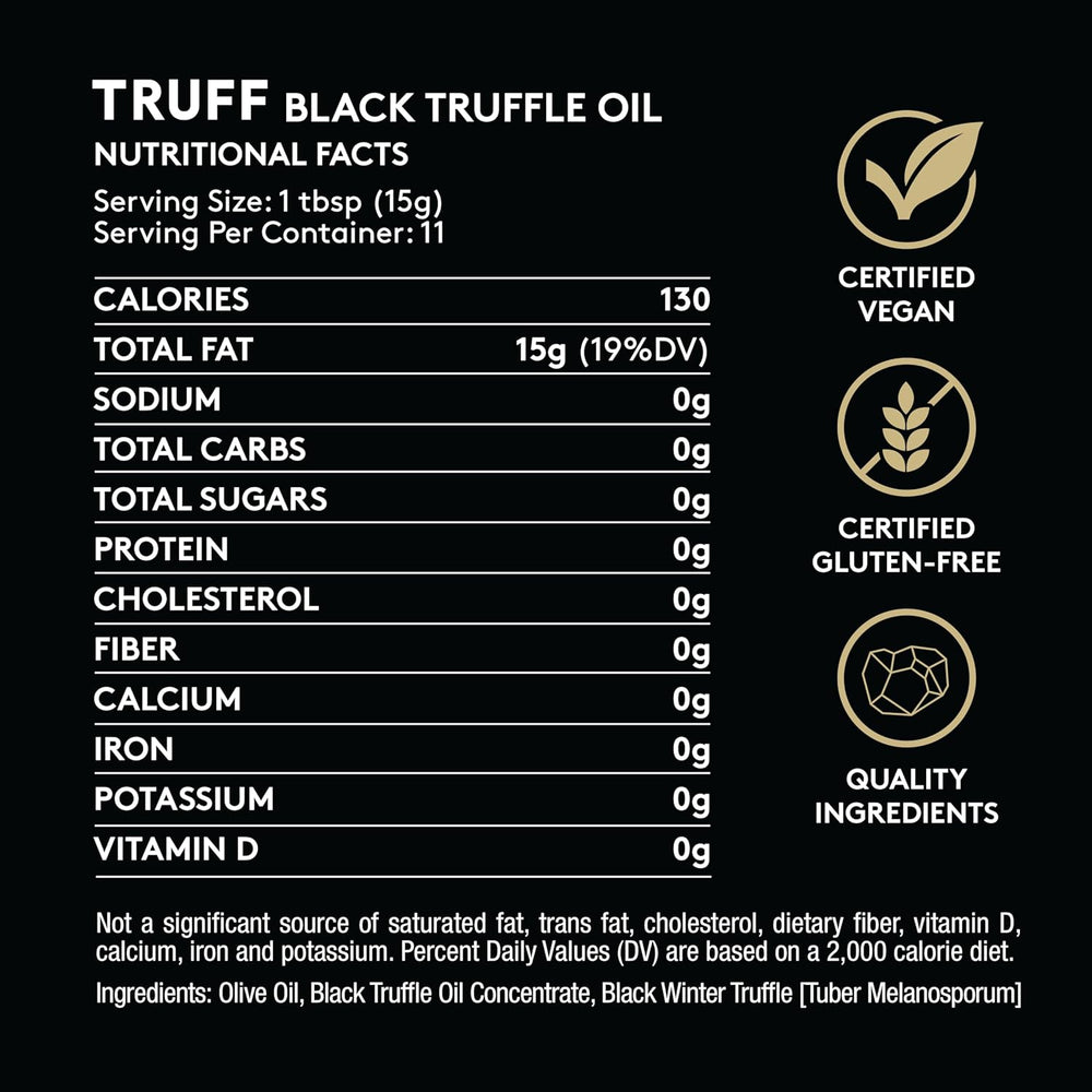 Nutritional facts and certification logos for Truff Black Truffle Oil on a black background