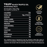 Nutritional facts and certification logos for Truff Black Truffle Oil on a black background