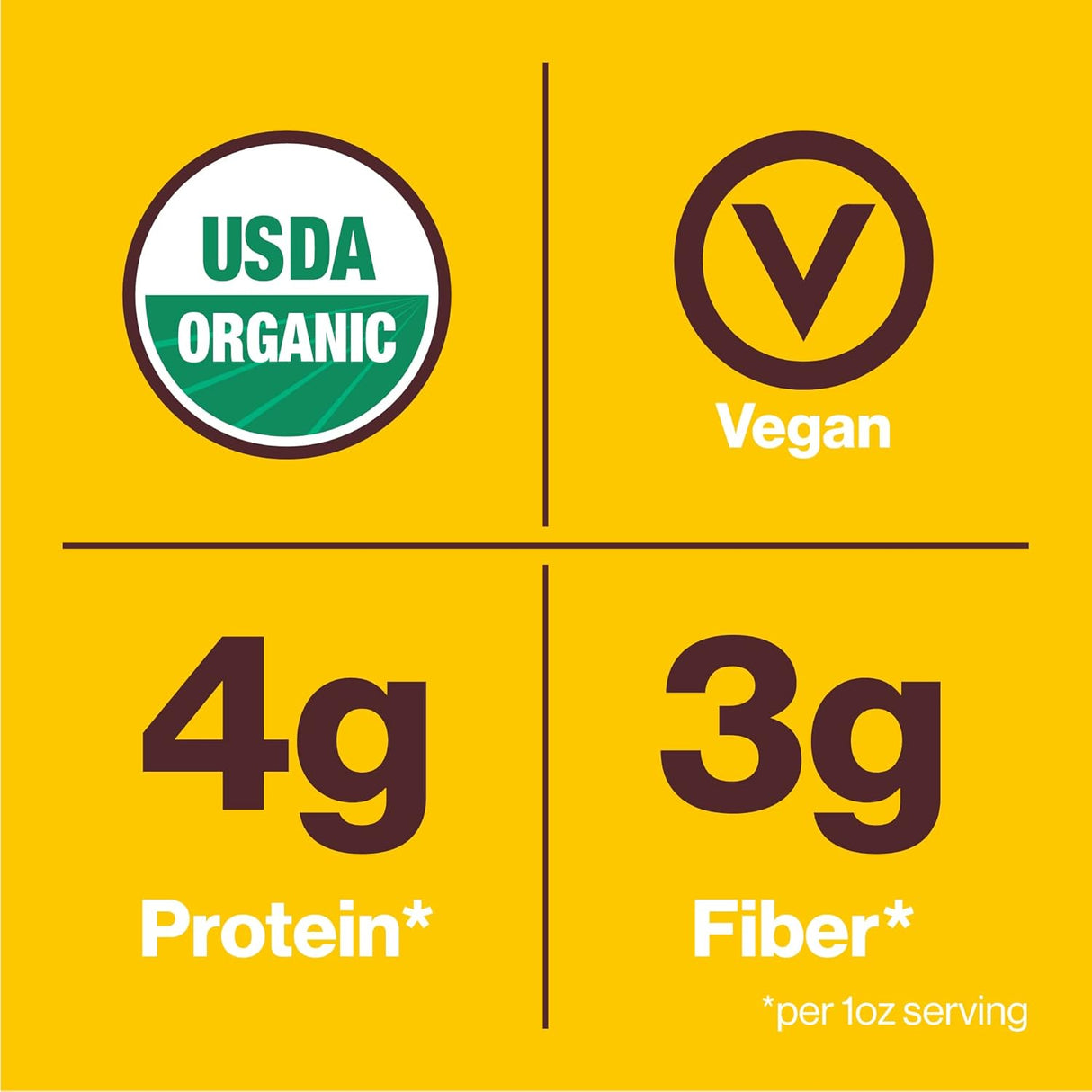 Nutritional information label with USDA Organic and Vegan logos, protein, and fiber content on a yellow background.