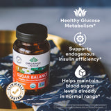 Bottle of Organic India Sugar Balance supplement on a textured surface with text highlighting benefits.