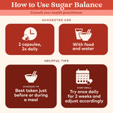Instructions on how to use a sugar balance supplement with icons and text.