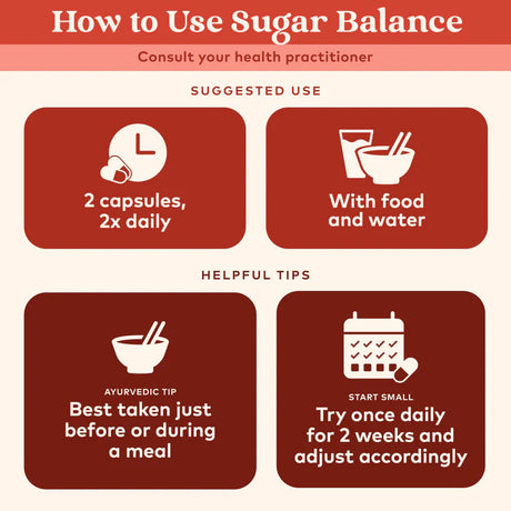 Instructions on how to use a sugar balance supplement with icons and text.