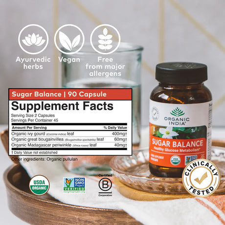 Supplement bottle labeled 'Sugar Balance' with label details on a wooden tray.