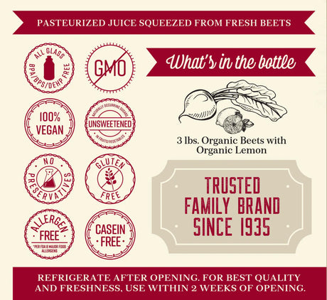 Beet juice label with branding and product information on a beige background