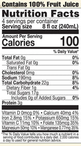 Nutrition facts label for a product with 100% fruit juice, showing calories, fat content, carbohydrates, and more.