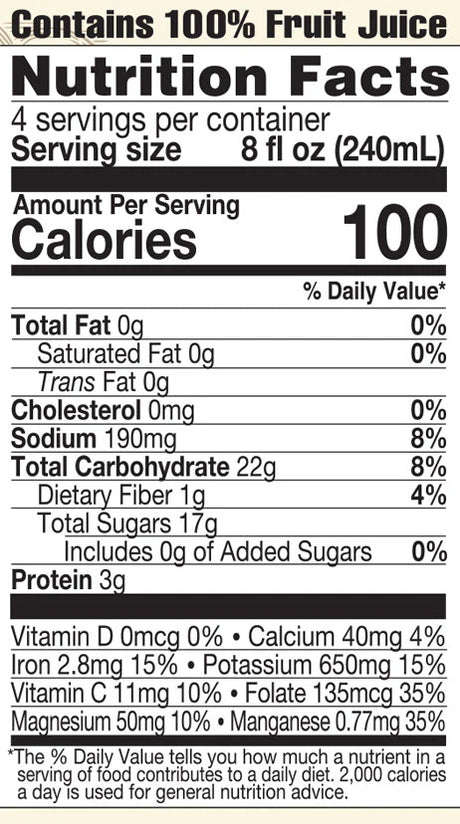 Nutrition facts label for a product with 100% fruit juice, showing calories, fat content, carbohydrates, and more.