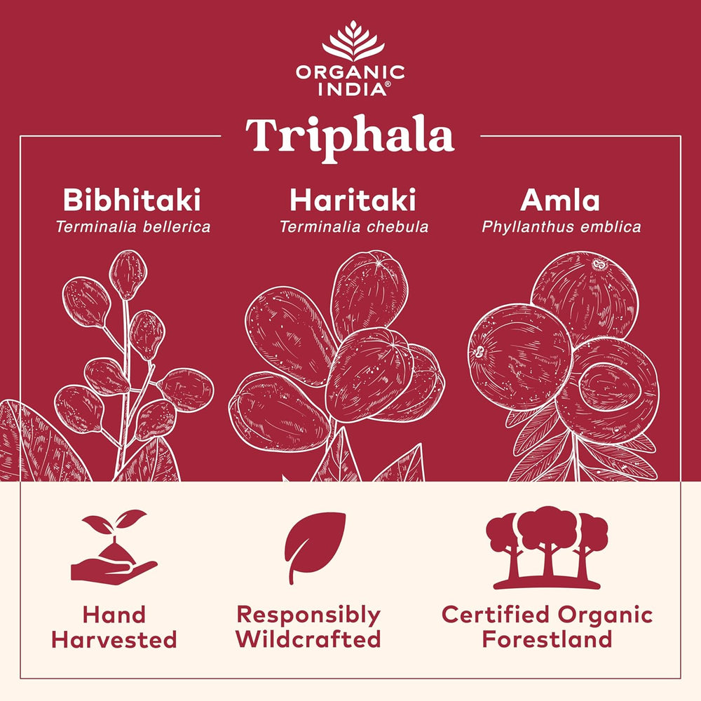 Organic India Triphala product with illustrations and text on a red background