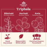 Organic India Triphala product with illustrations and text on a red background