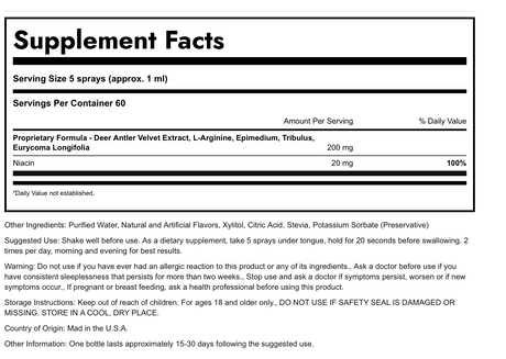 Oxylife Products Deer Antler Velvet Extract  - Supplement facts label with detailed ingredient list and usage instructions.
