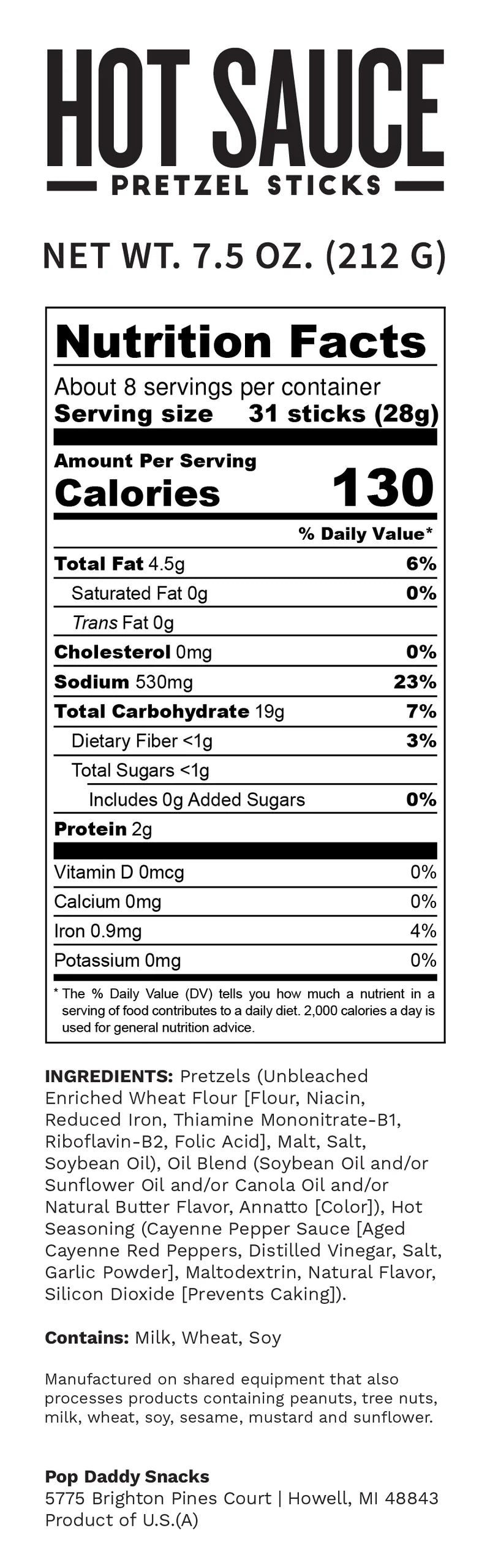 Pop Daddy Pretzel Sticks, Hot Sauce Flavor, Crispy Spicy Snack, Case of 12, 7.5 oz