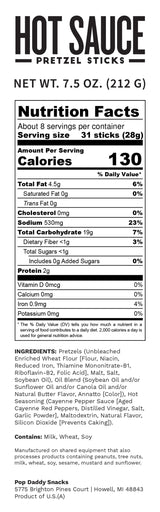 Pop Daddy Pretzel Sticks, Hot Sauce Flavor, Crispy Spicy Snack, Case of 12, 7.5 oz