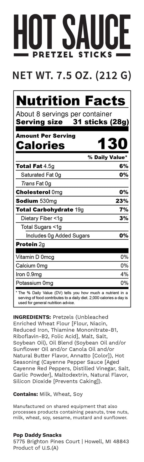 Pop Daddy Pretzel Sticks, Hot Sauce Flavor, Crispy Spicy Snack, Case of 12, 7.5 oz