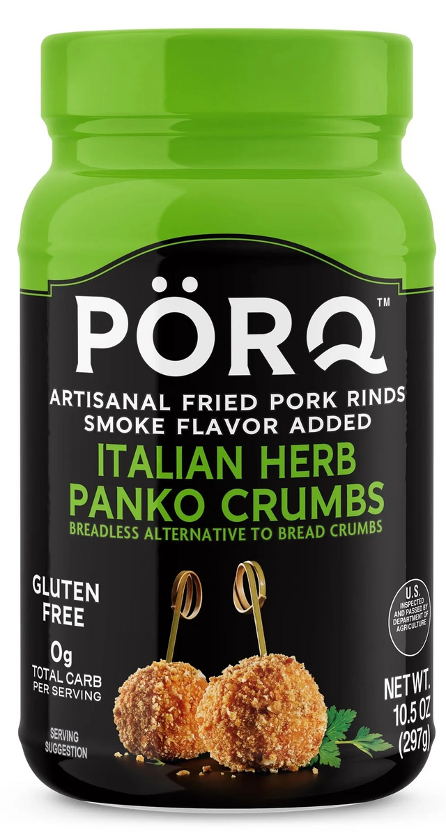 Pörq container of Italian Herb Panko Crumbs with green lid on a white background