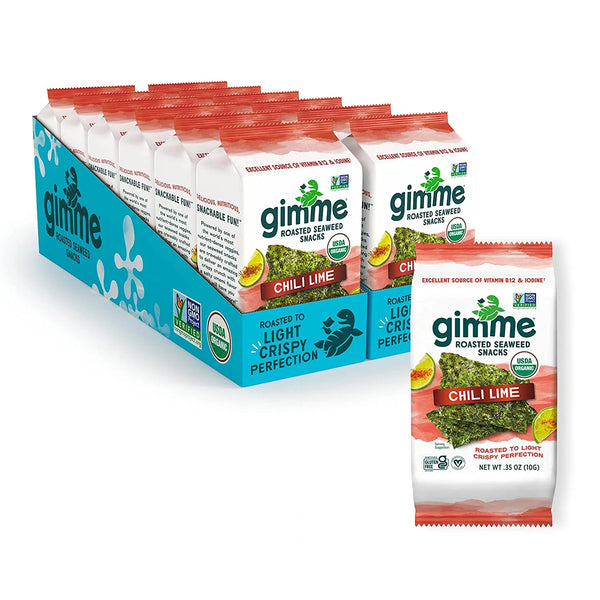 Box of gimme Roasted Seaweed Snacks with a single package in front on a white background