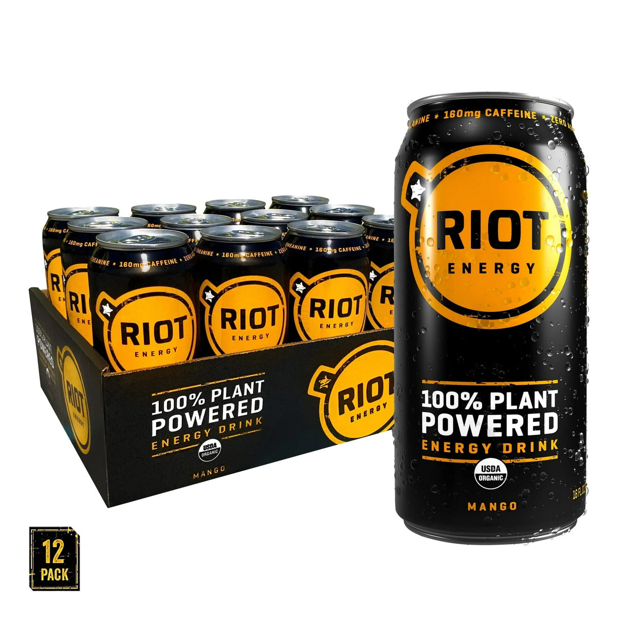 Riot Energy Mango – Bebida energética orgánica (paquete de 12 latas de 473 ml)