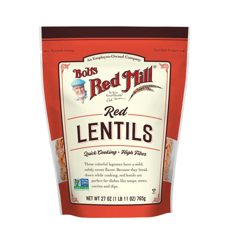 Bob's Red Mill red lentils package on a white background