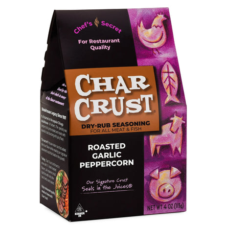 Char Crust dry-rub seasoning packaging with purple and brown design