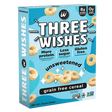 Three Wishes grain free cereal box with blue background and cereal loops on a white background